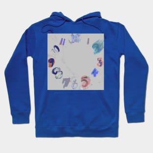 Clock with Numbers, light gray watercolor with blue, teal green, terracotta, purple Hoodie